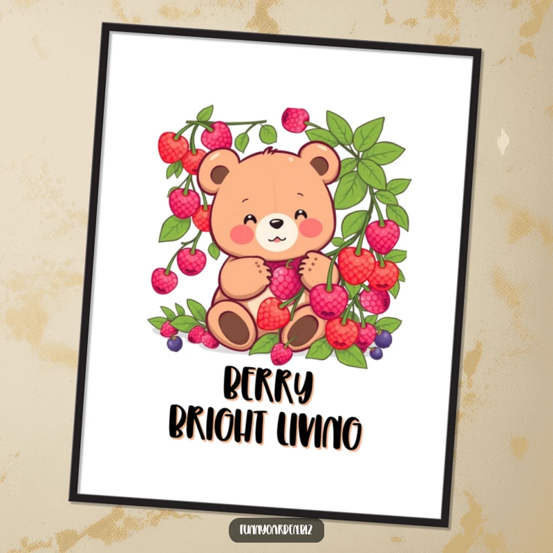 Funny kawaii bear poster showing a happy bear gleefully harvesting luminous berries. Artful and comical for any wall.