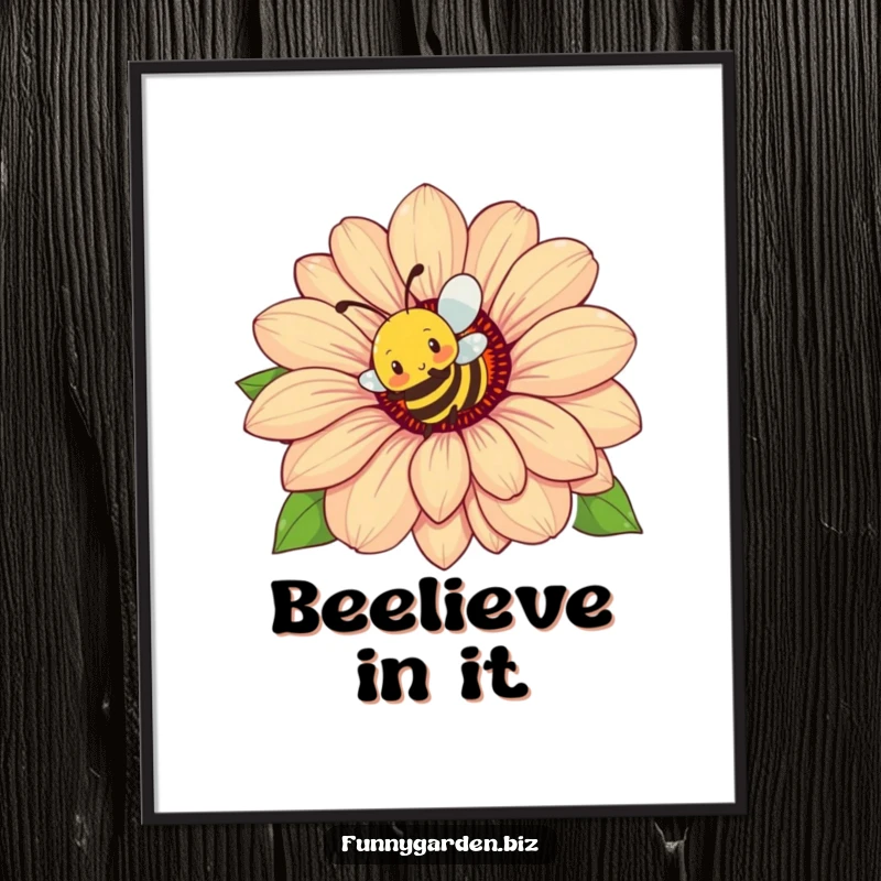 Funny Bee Flower Poster: Busy bee character buzzing energetically around a giant flower, vibrant and humorous wall art.