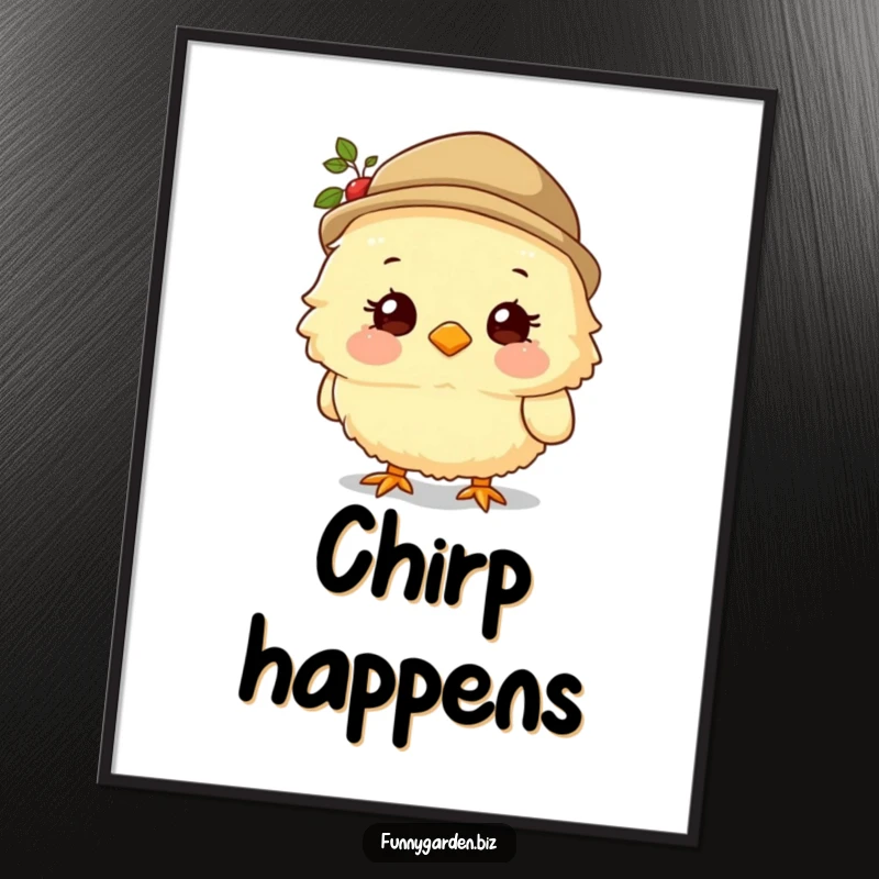 Funny Chick Gardener Poster: Fluffy chick character wearing a small hat and smiling sweetly, whimsical and humorous wall art.