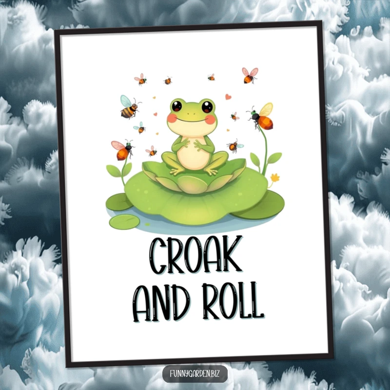 Funny Frog Conductor Poster: Cheerful frog character conducting a symphony of buzzing insects on a lily pad, whimsical wall art.