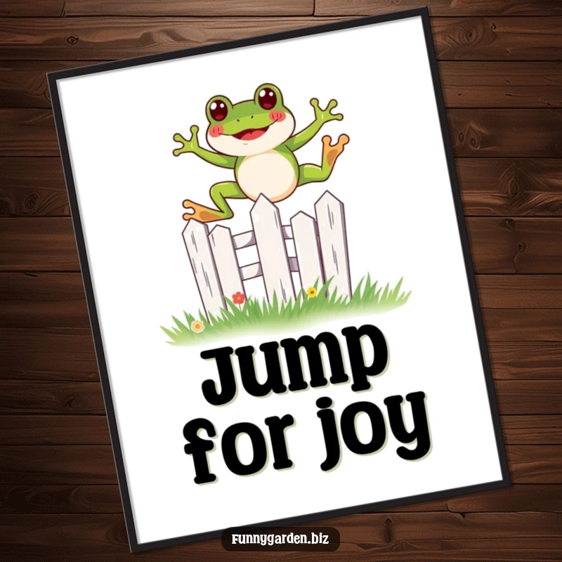 Funny kawaii frog poster showing a joyful leap over a miniature, stylized garden fence, whimsical wall art.
