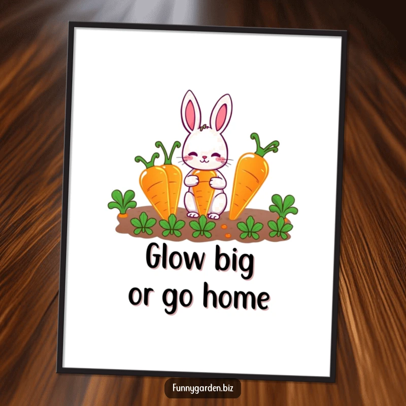 Funny Rabbit Gardener Poster: Cute rabbit character tending to giant, glowing carrots, a whimsical and humorous wall art.