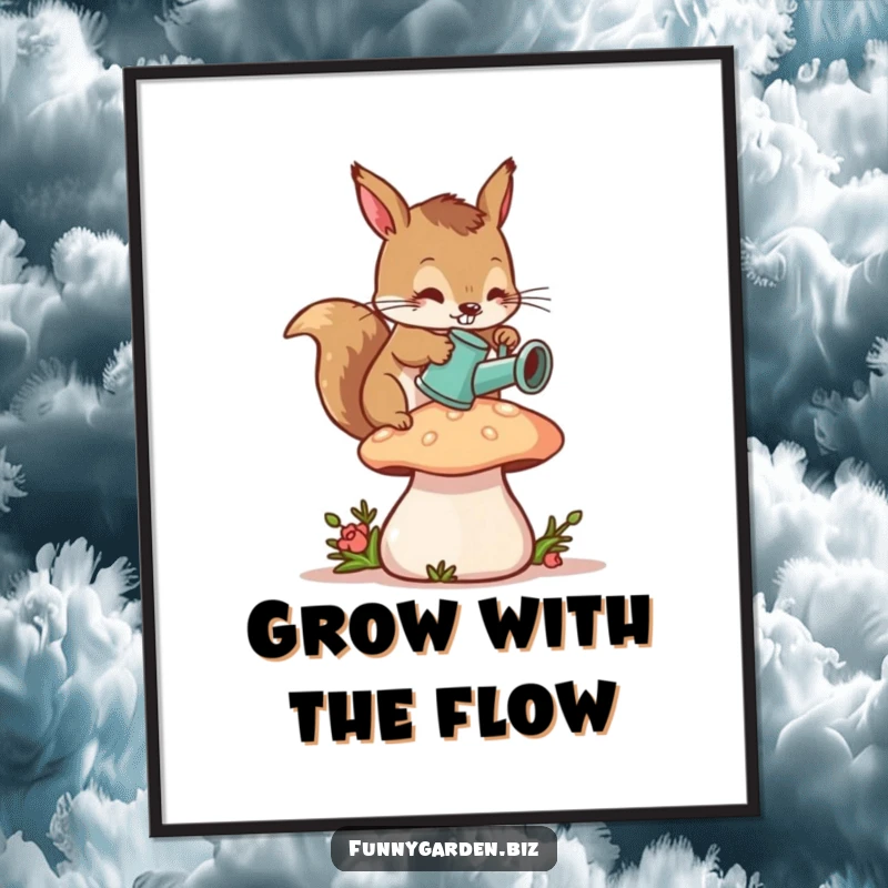 Funny Squirrel Gardener Poster: Diligent squirrel character watering a plump mushroom with a small watering can, whimsical wall art.
