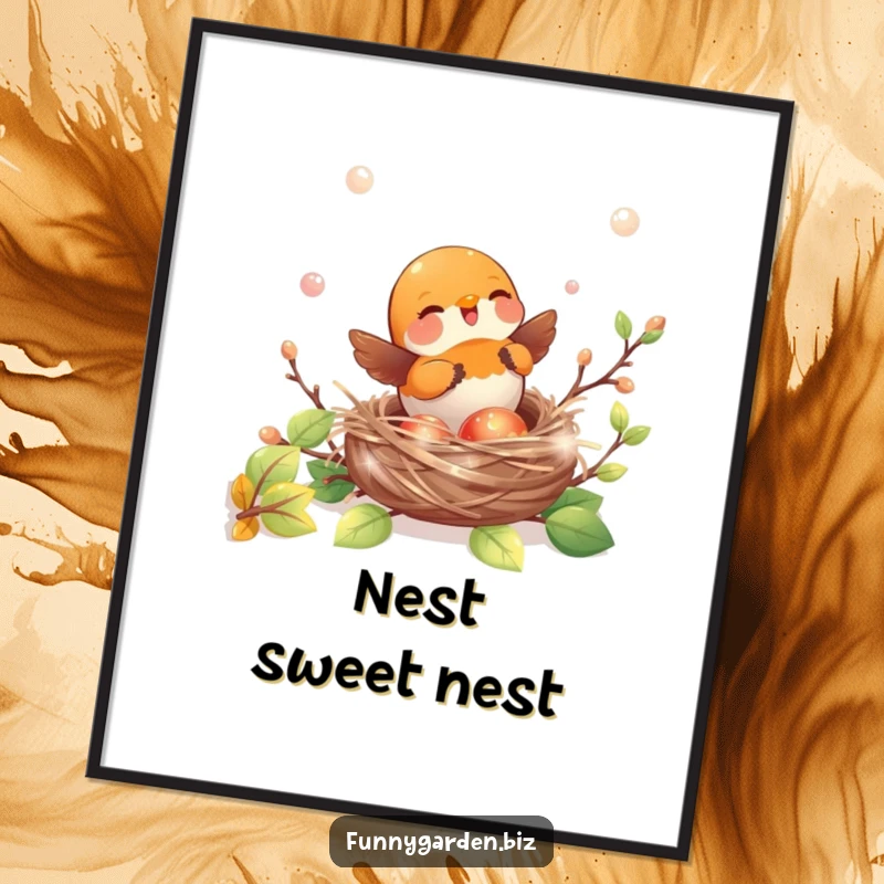 Funny kawaii robin poster showing a joyful nest building with shiny, iridescent twigs, whimsical wall art.