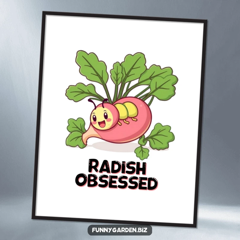 Funny kawaii caterpillar poster illustrating a comical caterpillar digging through a giant stylized radish. Quirky decor.