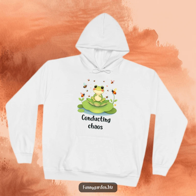 Funny Frog Conductor Hoodie: Cheerful frog character conducting insects on a lily pad, cozy and comical.