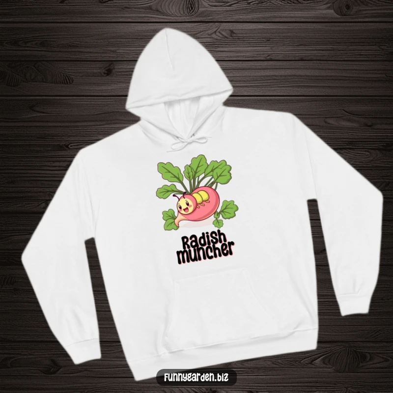 Funny kawaii caterpillar hoodie showing a comical caterpillar energetically tunneling through a giant radish. Cozy and funny.