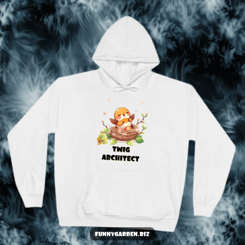 Funny kawaii robin hoodie playfully building a nest with shiny, iridescent twigs, a cozy nature garment.