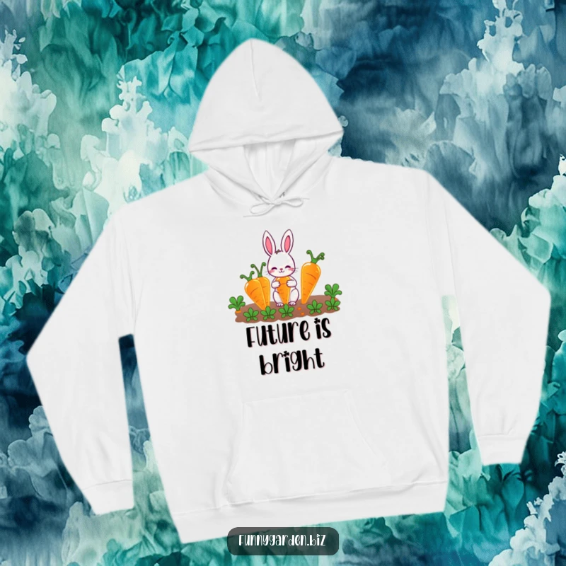 Funny Rabbit Gardener Hoodie: Adorable rabbit character tending to large, luminous carrots, a cozy and comical design.