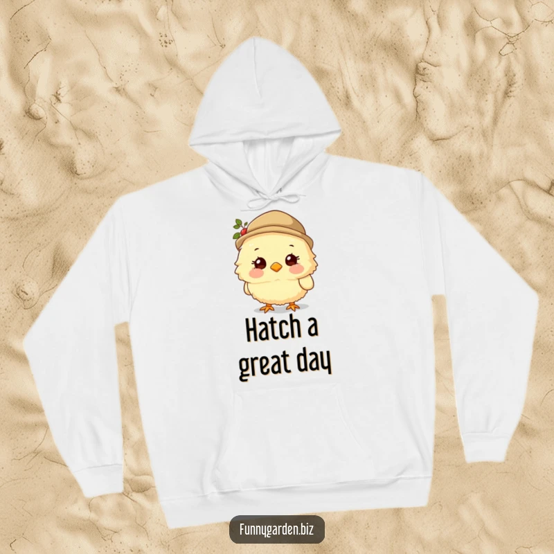 Funny Chick Gardener Hoodie: Fluffy chick character wearing a small gardening hat and smiling sweetly, cozy and comical.