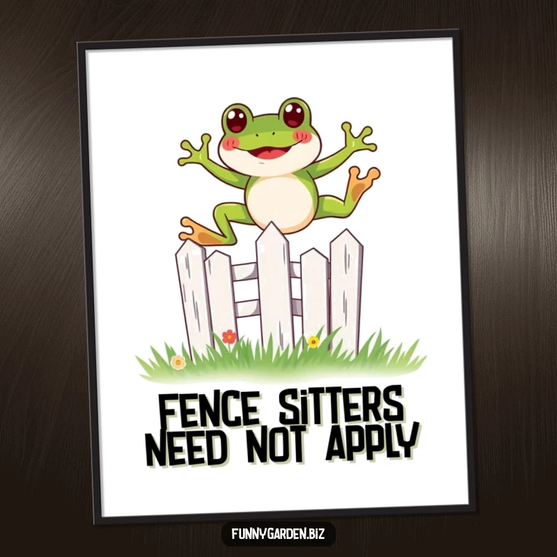 Free Printable Wall Art: Cute kawaii frog joyfully leaping over a stylized garden fence, perfect for whimsical, downloadable art.