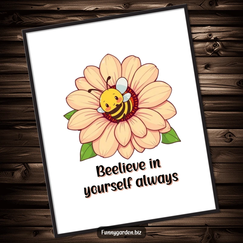 Funny Free Printable Wall Art: Busy bee buzzing energetically around a colossal flower, ideal for humorous, downloadable home decor.