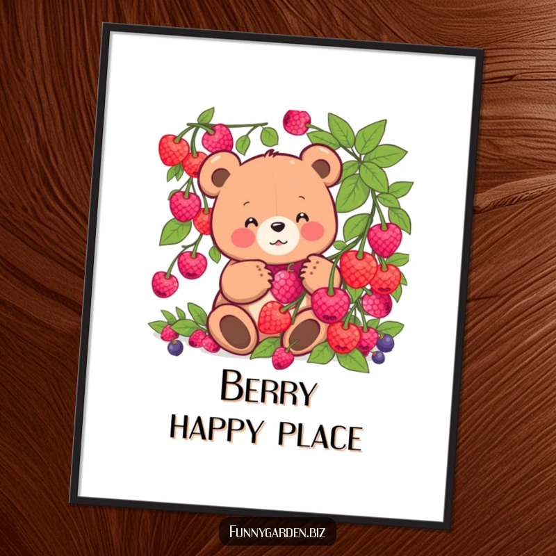 Funny Free Printable Wall Art: Kawaii bear happily harvesting enormous glowing berries, a delightful and humorous digital art.