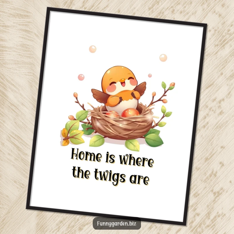 Free Printable Wall Art: Cute kawaii robin playfully building a nest with shiny, iridescent twigs, perfect for charming decor.