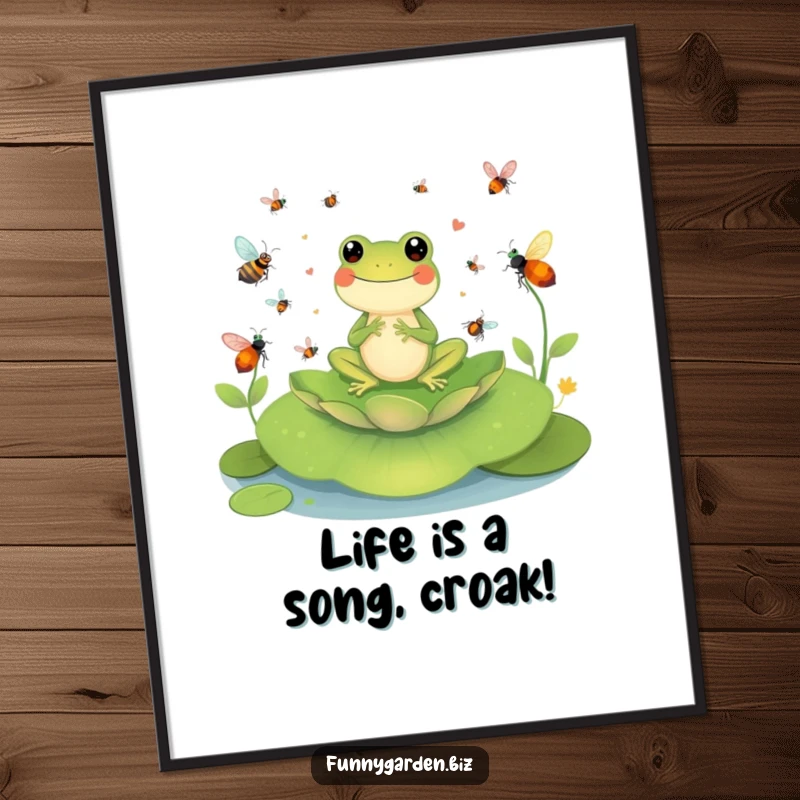Funny Free Printable Wall Art: Cheerful frog sitting on a lily pad, conducting a symphony of buzzing insects, humorous decor.