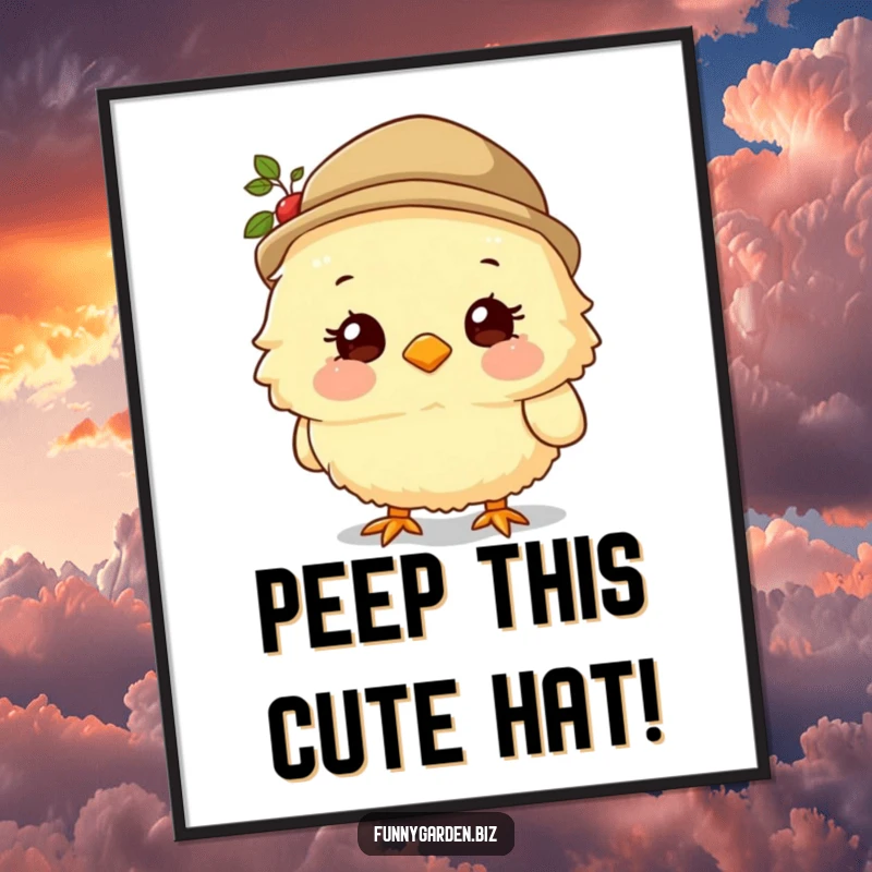 Funny Free Printable Wall Art: Fluffy chick in a tiny garden hat, smiling sweetly, ideal for humorous, downloadable home decor.