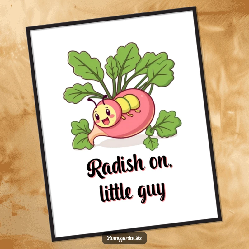 Funny Free Printable Wall Art: Energetic kawaii caterpillar comically tunneling through a giant radish, whimsical digital art.