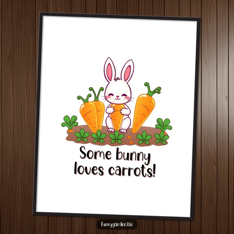 Funny Free Printable Wall Art: Whimsical rabbit lovingly caring for oversized, glowing carrots, ideal for humorous, downloadable home decor.