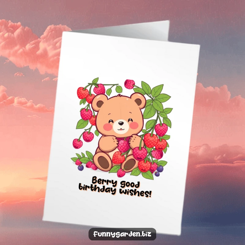 Funny Free Printable Birthday Card: Kawaii bear gleefully harvests giant glowing berries, ready to deliver birthday cheer.