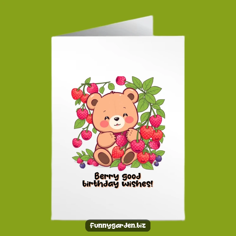 Free Printable Birthday Card: Funny Kawaii Bear Harvesting Berries, Perfect DIY Gift
