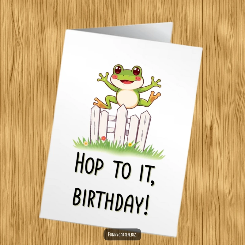 Free Printable Birthday Card: Whimsical kawaii frog joyfully leaping over a miniature garden fence, perfect for a fun downloadable gift.