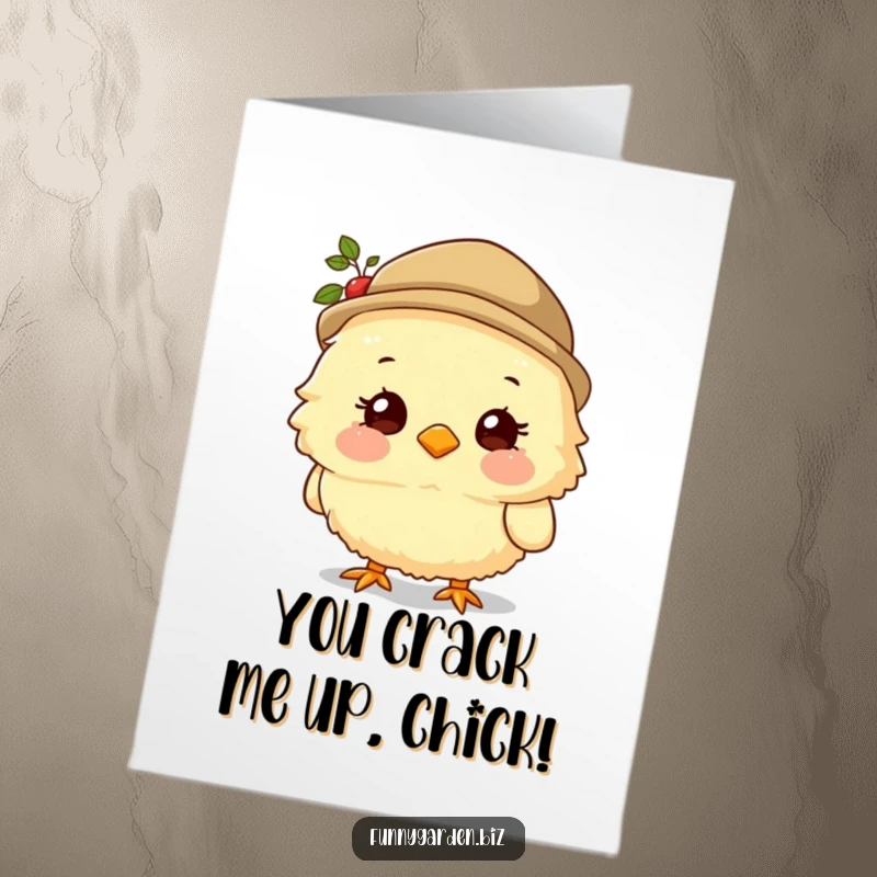 Funny Free Printable Birthday Card: Fluffy chick in a gardening hat smiling sweetly, perfect for a cute and humorous birthday wish.