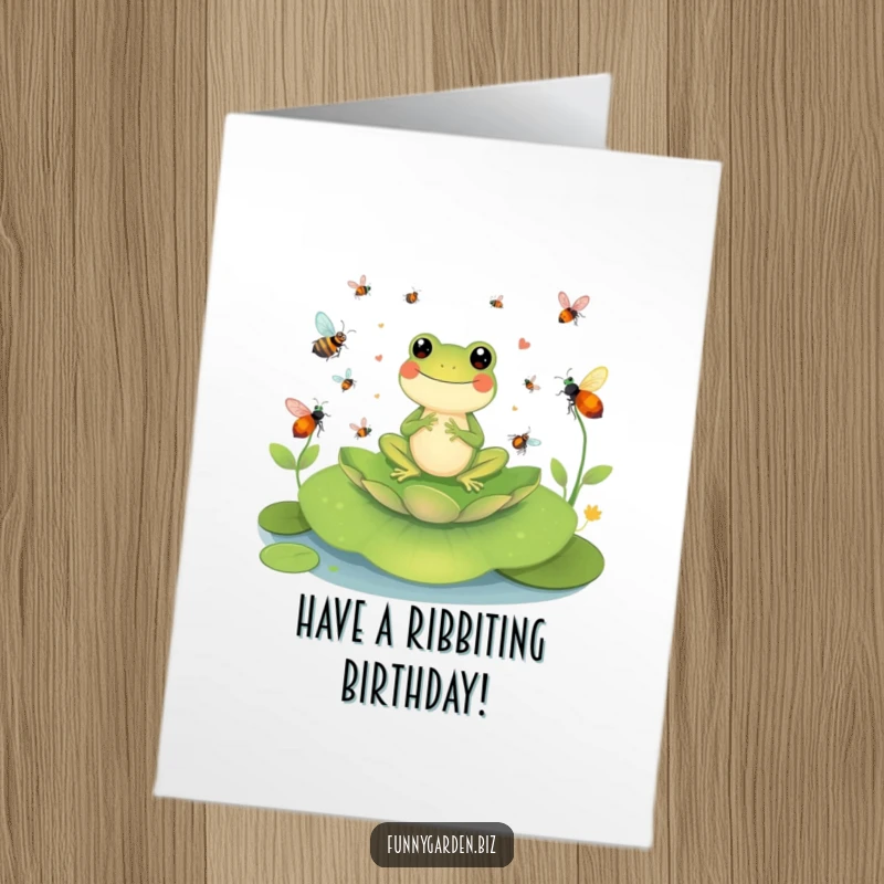 Funny Free Printable Birthday Card: Cheerful frog conducting insect symphony on a lily pad, perfect for a humorous birthday wish.