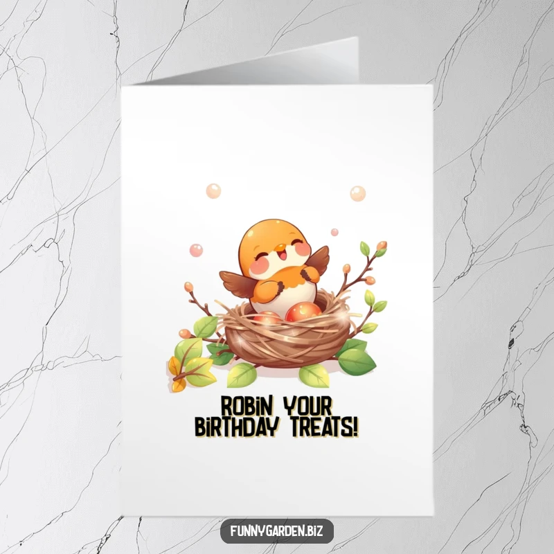 Free Printable Birthday Card: Joyful kawaii robin playfully building a nest with shiny twigs, perfect for a sweet downloadable gift.