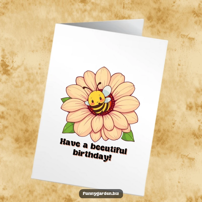 Funny Free Printable Birthday Card: Busy bee energetically buzzing around a colossal flower, perfect for a humorous birthday wish.