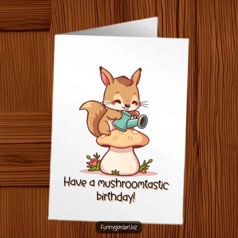 Funny Free Printable Birthday Card: Diligent squirrel watering plump mushroom, perfect for a charming and humorous DIY birthday wish.