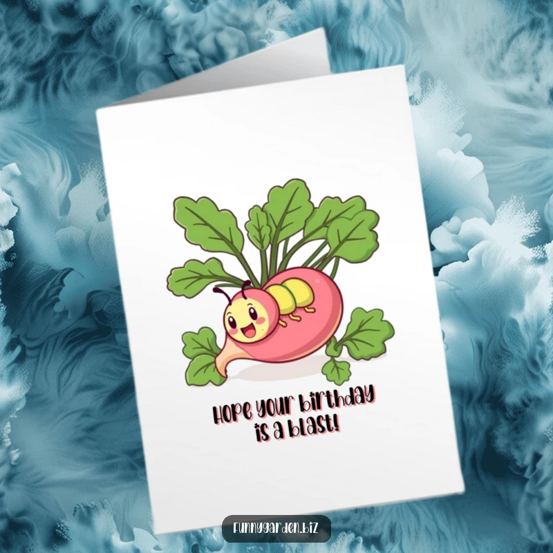 Funny Free Printable Birthday Card: Energetic kawaii caterpillar comically burrows through a giant radish, delivering birthday wishes.