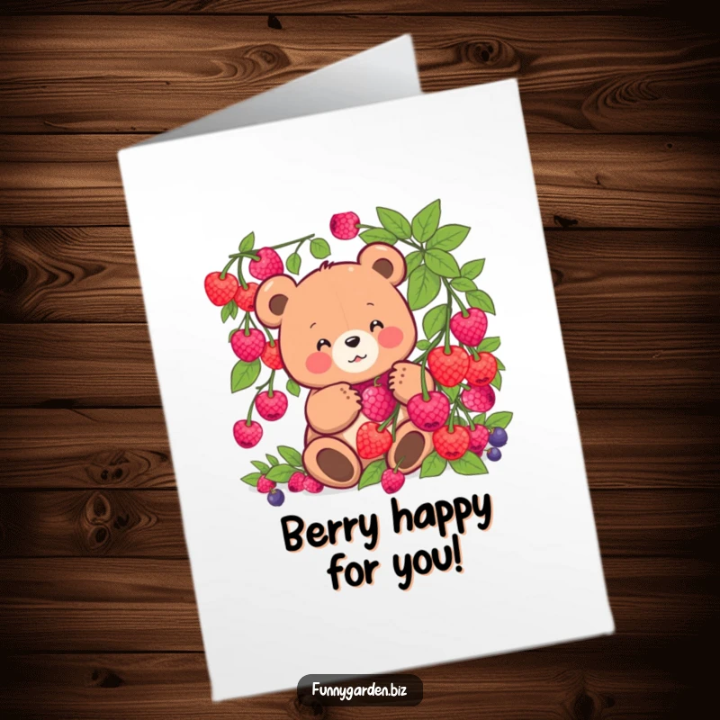 Funny Free Printable Congratulations Card: Adorable kawaii bear harvesting glowing berries, perfect for celebrating big wins.