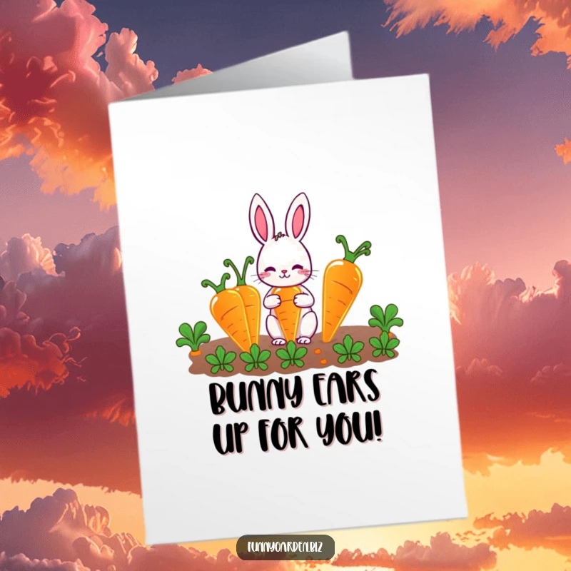 Funny Free Printable Congrats Card: Adorable rabbit gardener with magical glowing carrots, ideal for a humorous, downloadable celebration.