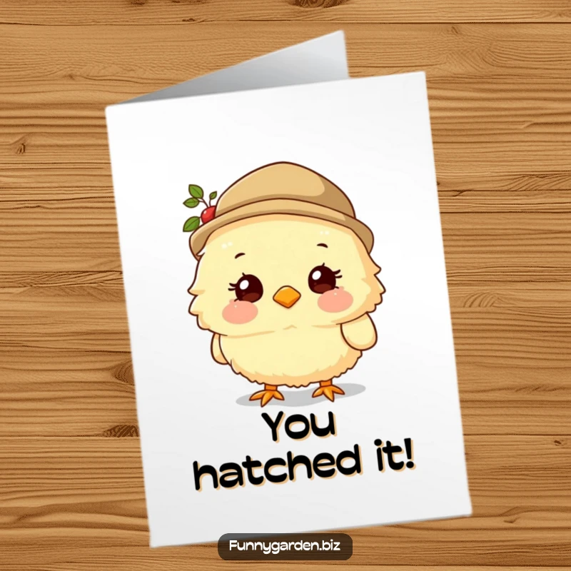 Funny Free Printable Congrats Card: Adorable fluffy chick wearing a small gardening hat, smiling sweetly for a humorous celebration.