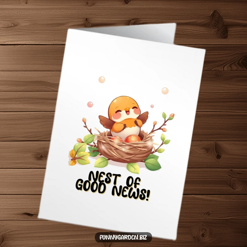 Free Printable Congrats Card: A joyful kawaii robin building a nest with iridescent twigs, ideal for a sweet, thoughtful downloadable gift.