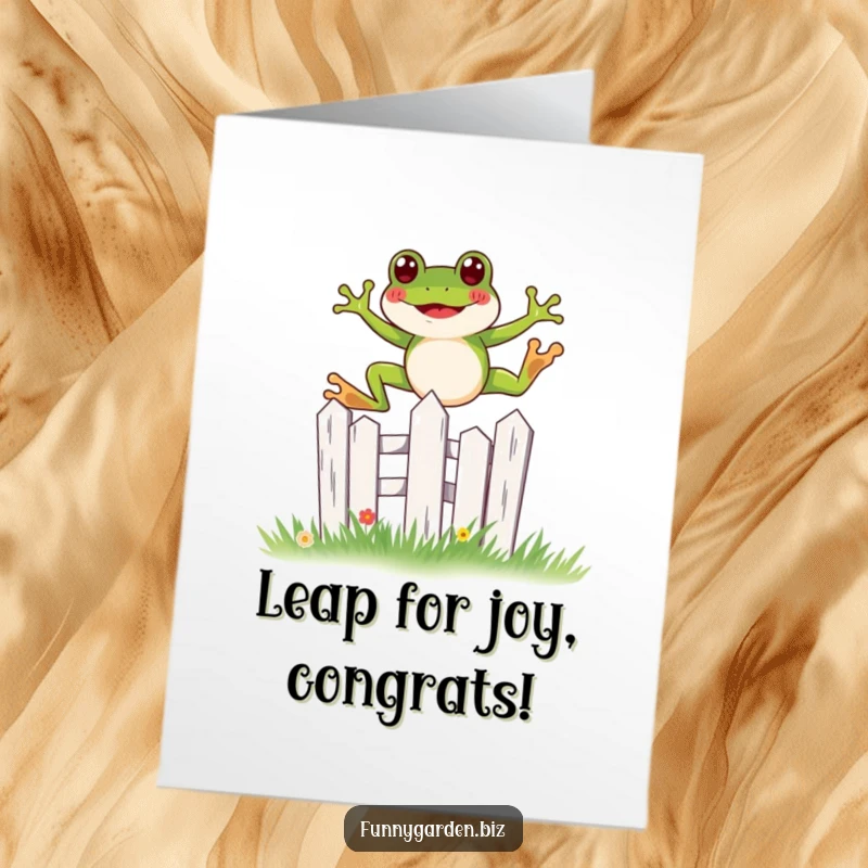Free Printable Congrats Card: A whimsical kawaii frog joyfully leaping over a tiny garden fence, ideal for an exciting downloadable gift.