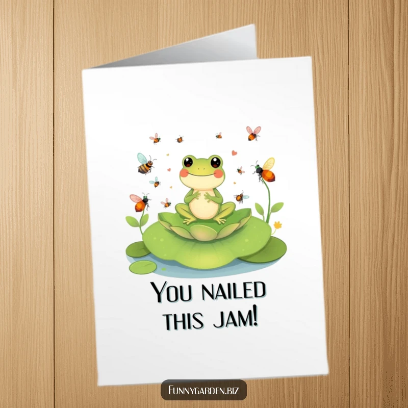 Funny Free Printable Congrats Card: Amusing frog maestro leading a buzzing insect orchestra on a lily pad, ideal for celebrating.