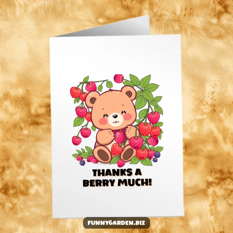 Funny Free Printable Thank You Card: Cute kawaii bear gathering oversized glowing berries, a harvest of gratitude.