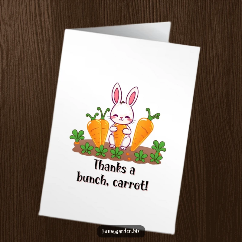 Funny Free Printable Thank You Card: Cute rabbit gardener nurturing luminous carrots, a whimsical and humorous DIY expression.