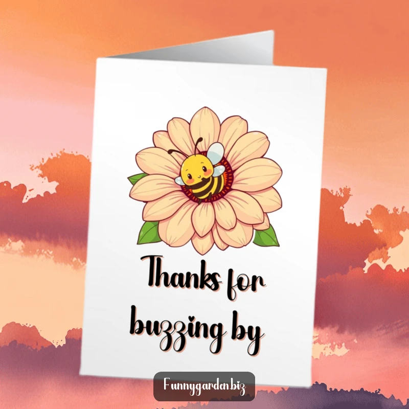 Funny Free Printable Thank You Card: Busy bee buzzing energetically around a colossal flower, a humorous way to say thanks.