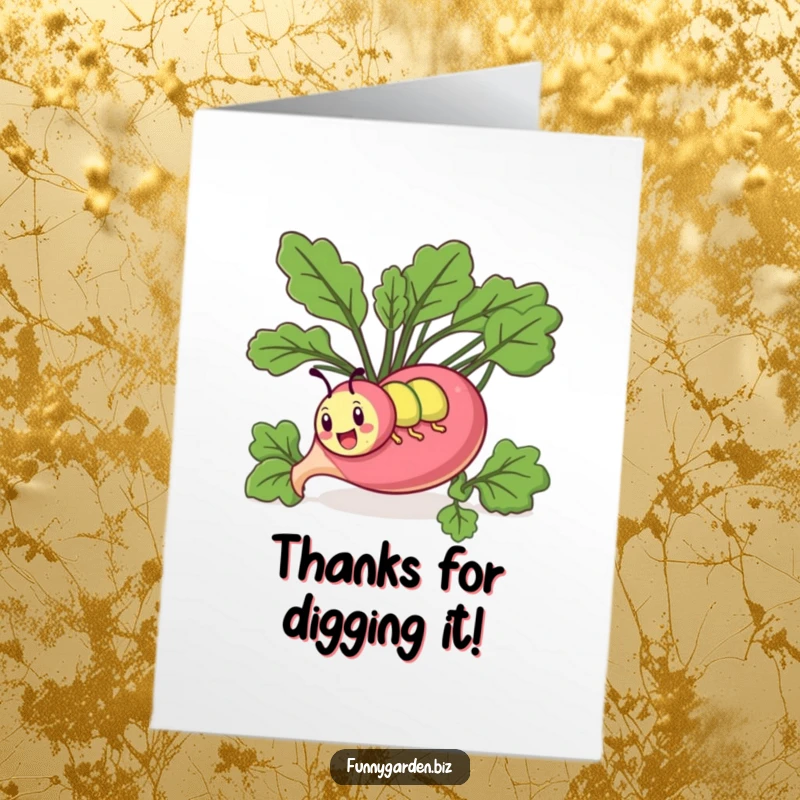Funny Free Printable Thank You Card: Playful kawaii caterpillar comically tunnels through a giant radish, a thank you from the underground.