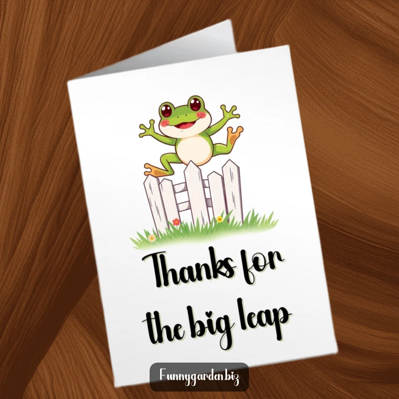Free Printable Thank You Card: Adorable kawaii frog joyfully leaping over a miniature garden fence, perfect for a bouncy downloadable thank you.