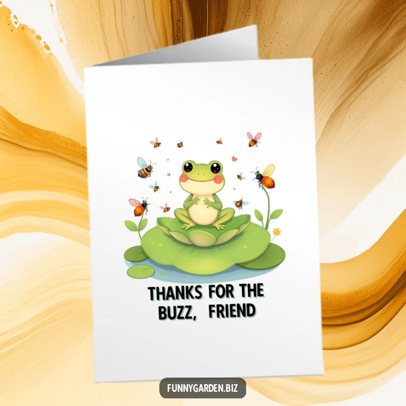 Funny Free Printable Thank You Card: Cheerful frog conducting a symphony of buzzing insects on a lily pad, a humorous thanks.