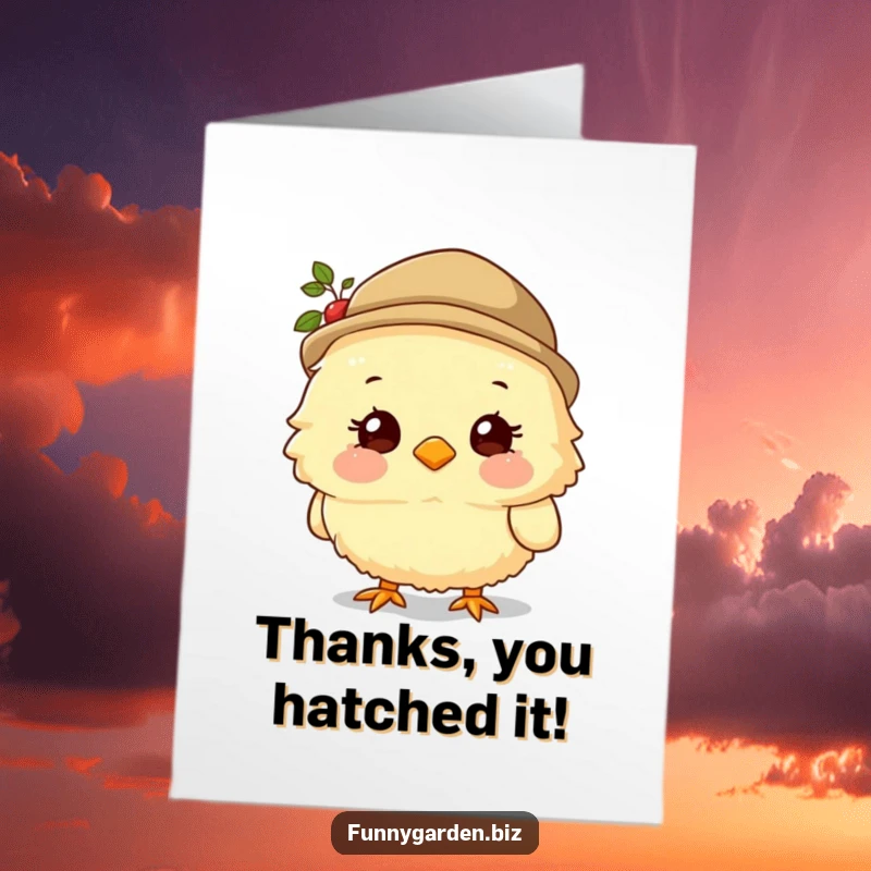 Funny Free Printable Thank You Card: Cute fluffy chick with gardening hat, smiling sweetly for a humorous thank you gesture.