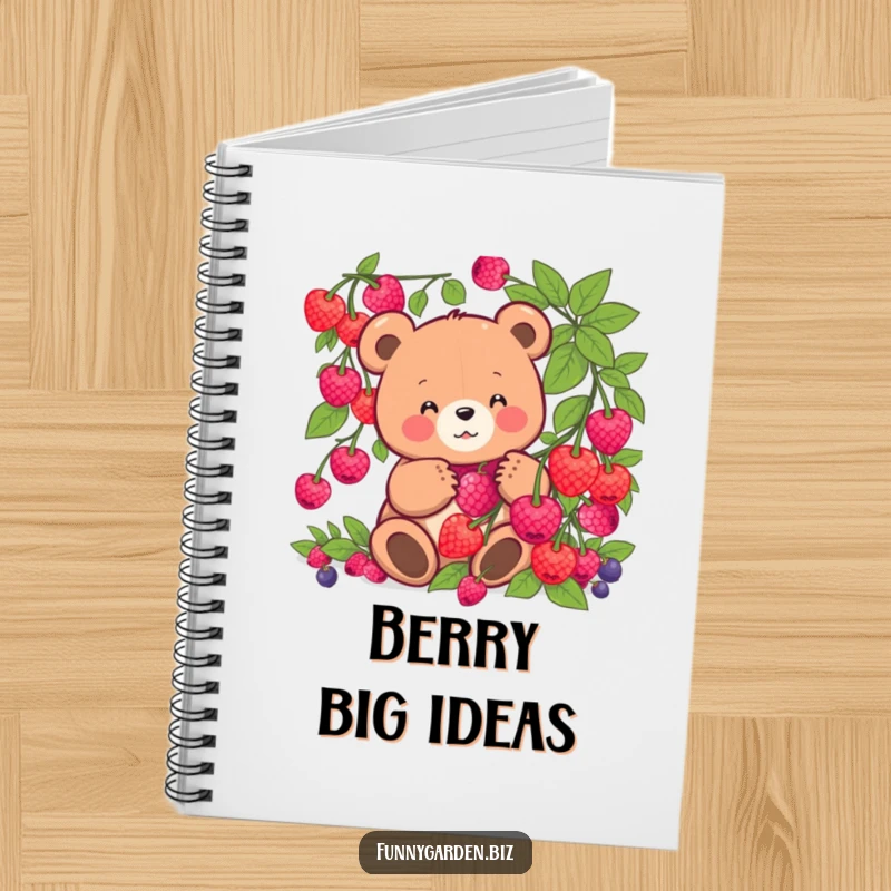 Funny kawaii bear notebook cover featuring a joyful bear harvesting glowing berries with a comical, happy vibe.