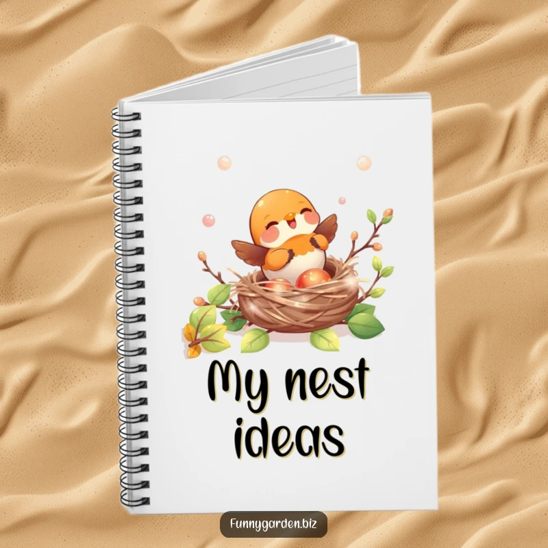 Funny kawaii robin notebook featuring joyful nest building with shiny, iridescent twigs, ideal for journaling.