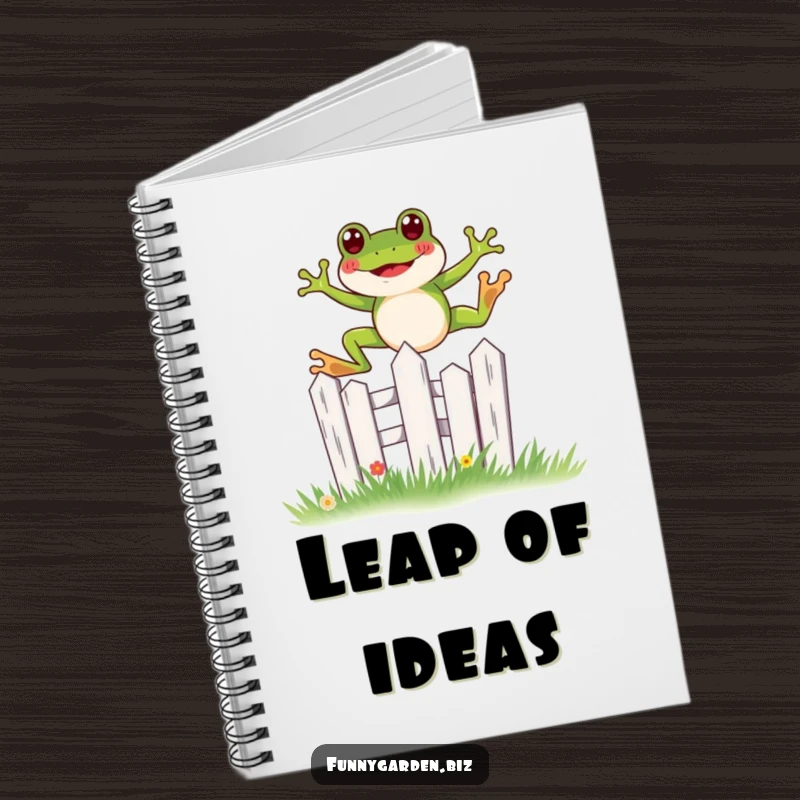 Funny kawaii frog notebook featuring a joyful leap over a miniature, stylized garden fence, ideal for journaling.