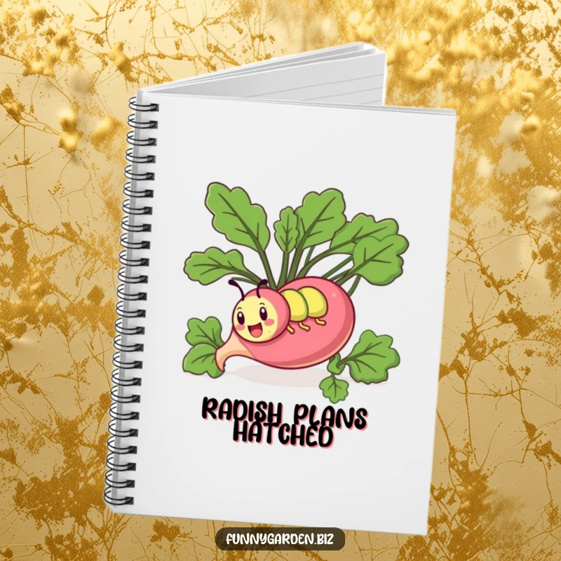 Funny kawaii caterpillar notebook cover featuring a comical caterpillar comically tunneling through a giant radish.