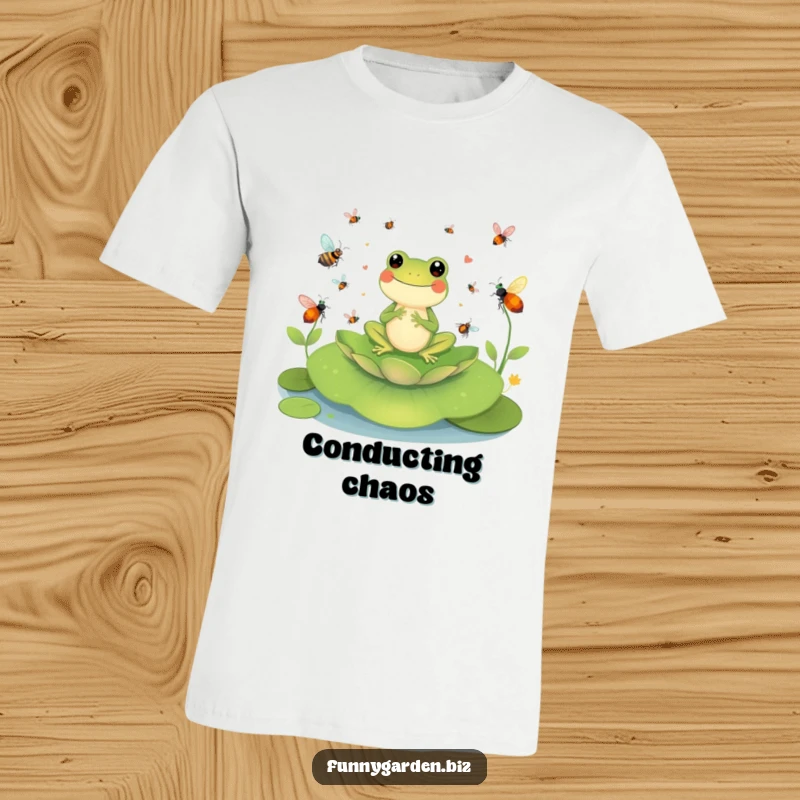Funny Frog Conductor T-Shirt: Cheerful frog character leading a symphony of buzzing insects on a lily pad, humorous apparel.