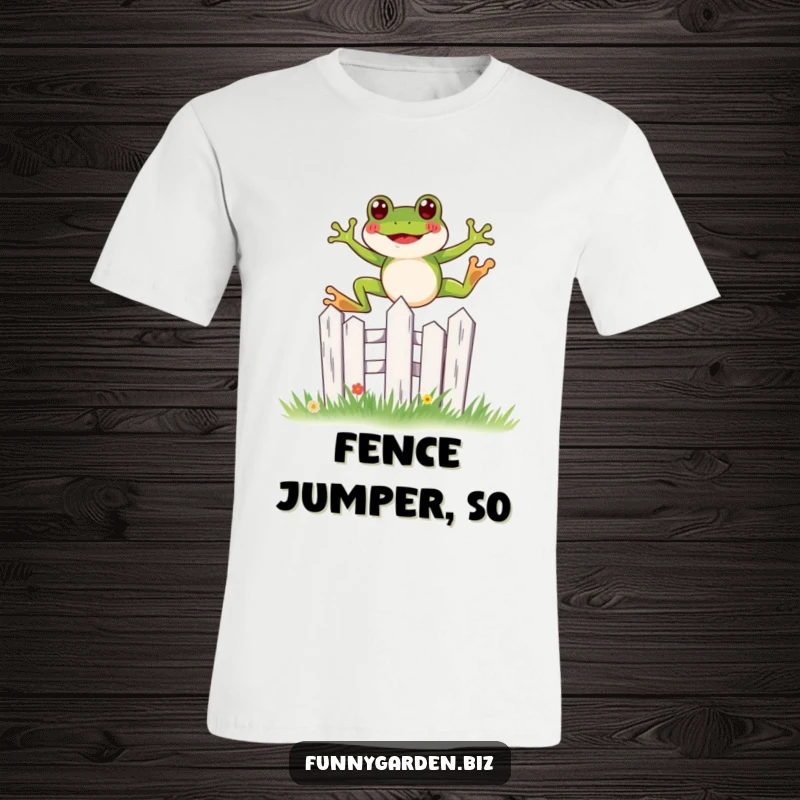 Funny kawaii frog t-shirt joyfully leaping over a miniature, stylized garden fence, a whimsical jumping tee.
